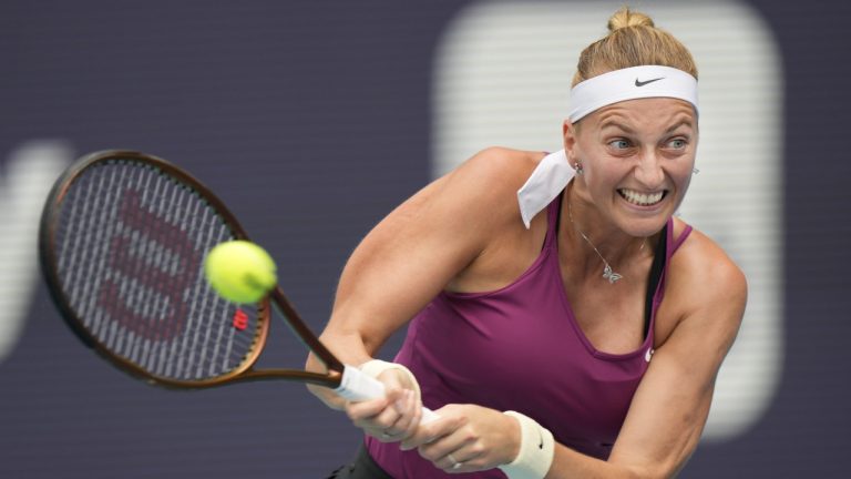 Petra Kvitova, of the Czech Republic, returns a shot from Elena Rybakina, of Kazakhstan, during the women's singles finals of the Miami Open tennis tournament, Saturday, April 1, 2023, in Miami Gardens, Fla. (Wilfredo Lee/AP)