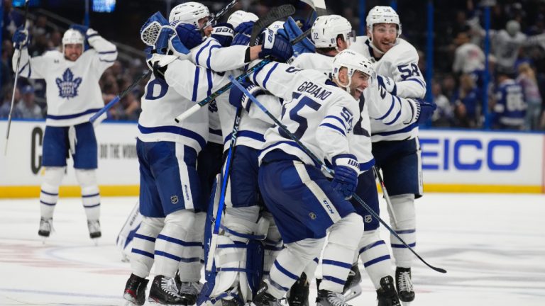 The Toronto Maple Leafs celebrate after the team defeated the Tampa Bay Lightning during overtime in Game 6 of an NHL hockey Stanley Cup first-round playoff series Saturday, April 29, 2023, in Tampa, Fla. (Chris O'Meara/AP)