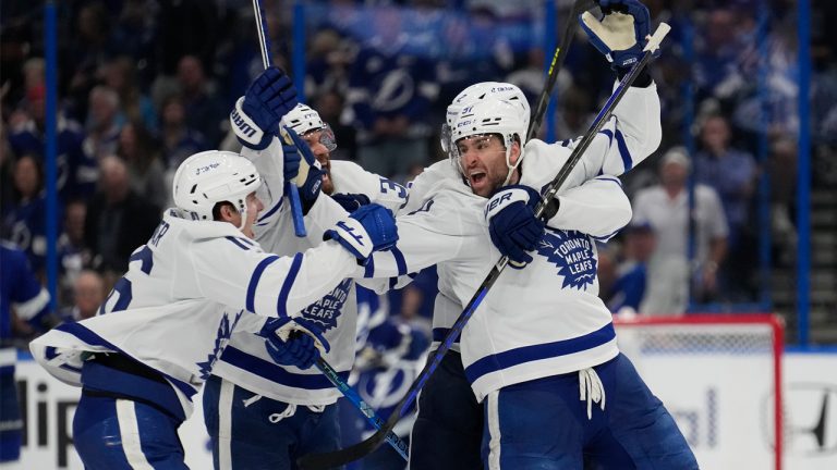 Toronto Maple Leafs centre John Tavares celebrates his game-winning goal against the Tampa Bay Lightning during overtime in Game 6 of their first-round playoff series. (Chris O'Meara/AP)