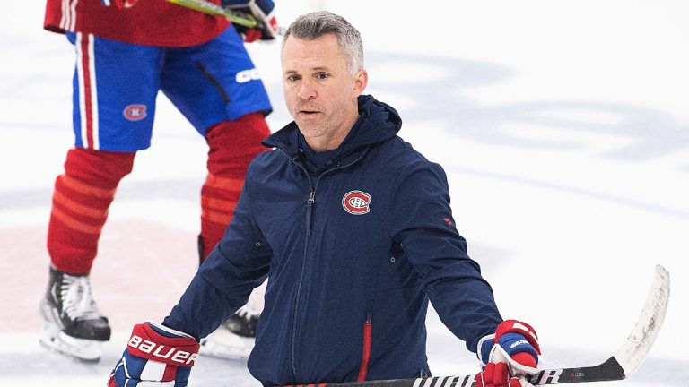 Montreal Canadiens head coach Martin St. Louis looks on during practice in Brossard, Que., Wednesday, January 18, 2023. (Graham Hughes/CP)