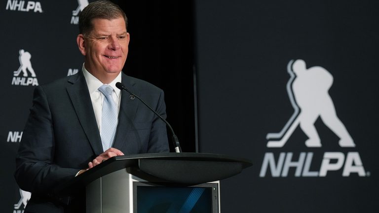 Marty Walsh, the National Hockey League Players’ Association's newly appointed executive director, holds a press conference in Toronto on Thursday, March 30, 2023. (Nathan Denette/CP)