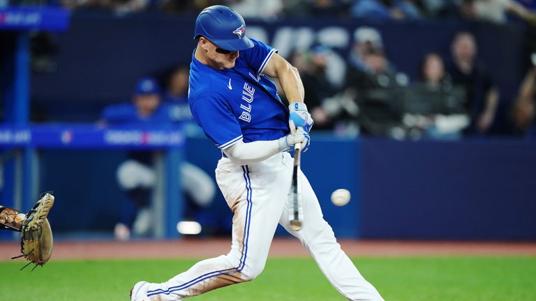 Toronto Blue Jays third baseman Matt Chapman hits a solo home run against the Detroit Tigers during fourth inning MLB American League baseball action in Toronto on Tuesday, April 11, 2023. (CP)