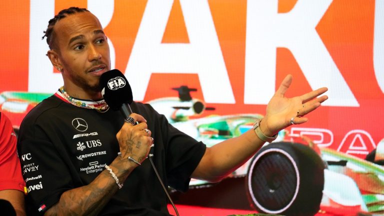 Mercedes driver Lewis Hamilton of Britain talks to journalists during a press conference at the Baku circuit, in Baku, Azerbaijan, Thursday, April 27, 2022. The Formula One Grand Prix will be held on Sunday April 30, 2023. (Sergei Grits/AP)