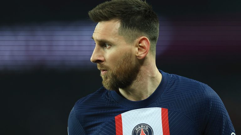 PSG's Lionel Messi reacts during the French League One soccer match between Paris Saint-Germain and Lyon at the Parc des Princes stadium in Paris, Sunday, April 2, 2023. (Aurelien Morissard/AP)