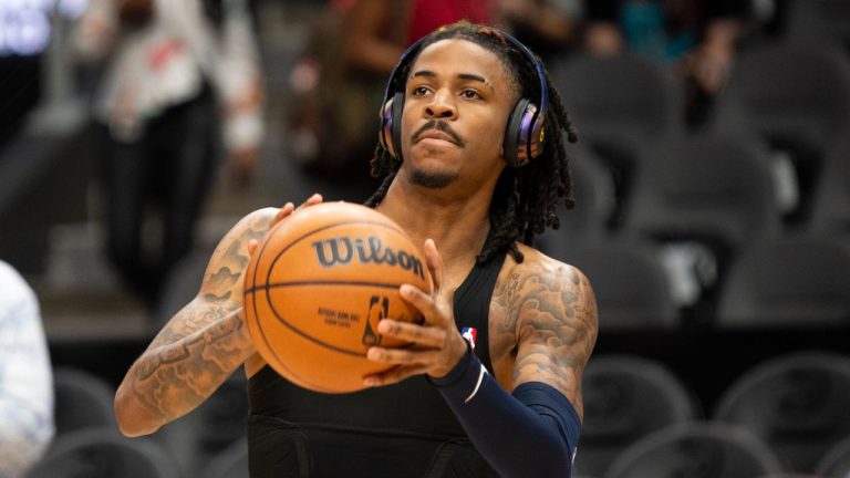 Memphis Grizzlies guard Ja Morant shooting before an NBA basketball game against the Atlanta Hawks, Sunday, March 26, 2023, in Atlanta. (AP)