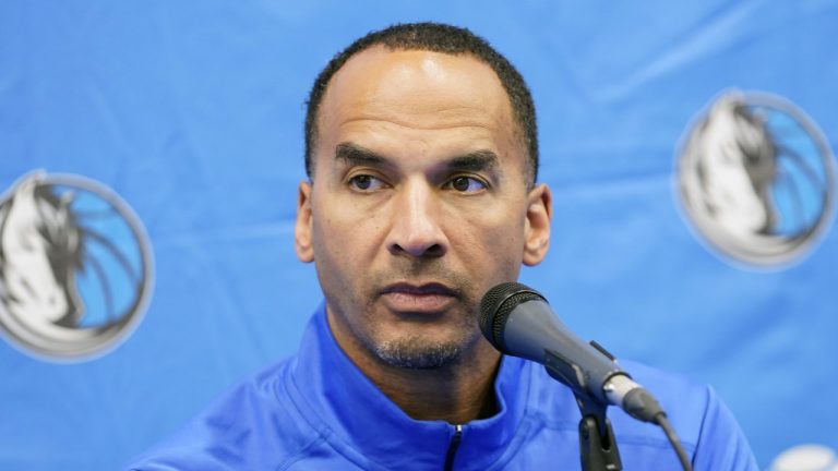 Dallas Mavericks general manager Nico Harrison listens to a question during an availability with reporters at the team's NBA basketball practice facility in Dallas, Tuesday, April 11, 2023. (LM Otero/AP)