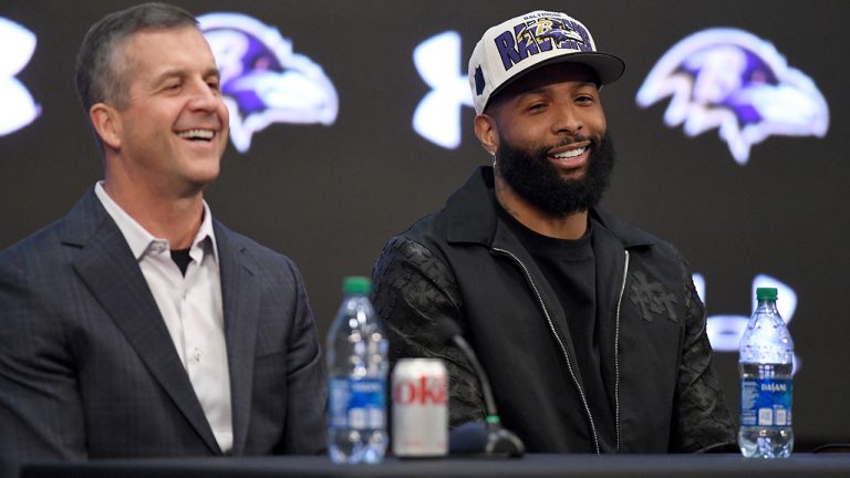 Recently signed Baltimore Ravens NFL football wide receiver Odell Beckham Jr., right, sits with head coach John Harbaugh, during a news conference at the team's practice facility in Owings Mills, Md., on Thursday, April 13, 2023. (Steve Ruark/AP)