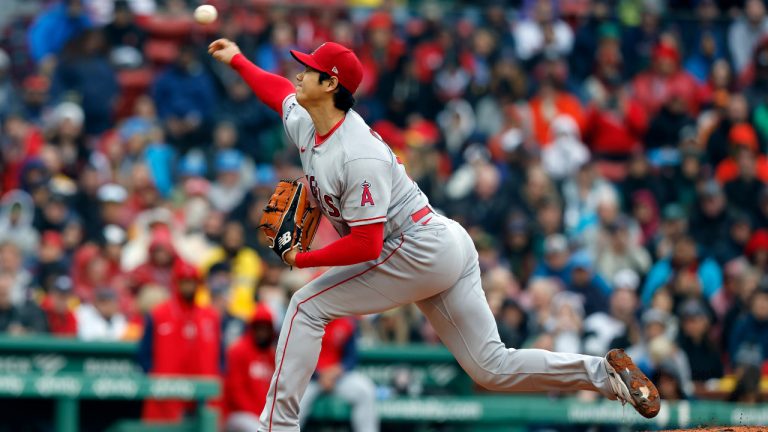 Los Angeles Angels' Shohei Ohtani pitches against the Boston Red Sox during the first inning of a baseball game, Monday, April 17, 2023, in Boston. (Michael Dwyer/AP)