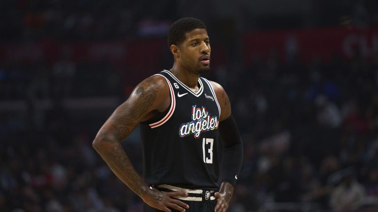 Los Angeles Clippers forward Paul George (13) looks down the court during the first half of an NBA basketball game against the Orlando Magic Saturday, March 18, 2023, in Los Angeles. (Allison Dinner/AP)