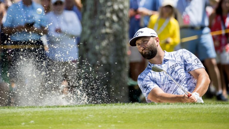 Jon Rahm, of Spain, hits out of a bunker on the ninth green during the second round of the RBC Heritage golf tournament, Friday, April 14, 2023, in Hilton Head Island, S.C (Stephen B. Morton/AP)