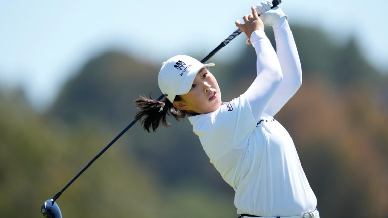 Ruoning Yin tees off at the fourth hole during the final round of LPGA's DIO Implant LA Open golf tournament on Sunday, April 2, 2023, in Palos Verdes Estates, Calif. (Ashley Landis/AP)