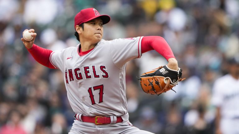 Los Angeles Angels starting pitcher Shohei Ohtani throws against the Seattle Mariners during the second inning of a baseball game Wednesday, April 5, 2023, in Seattle. (Lindsey Wasson/AP)