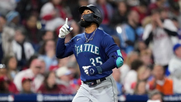 Seattle Mariners' Teoscar Hernandez reacts after hitting a two-run home run against Philadelphia Phillies starting pitcher Bailey Falter during the sixth inning of a baseball game, Tuesday, April 25, 2023, in Philadelphia. (Matt Slocum/AP)