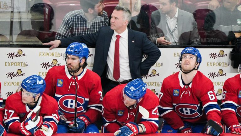 Montreal Canadiens head coach Martin St. Louis looks on from the bench during first period NHL hockey action against the Boston Bruins in Montreal, Thursday, April 13, 2023. (Graham Hughes/CP)