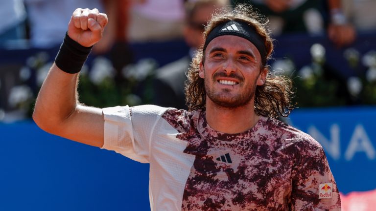 Stefanos Tsitsipas, of Greece, celebrates his victory over Lorenzo Musetti, of Italy, during a semi final open tennis tournament, in Barcelona, Spain, Saturday, April 22, 2023. (Joan Monfort/AP)