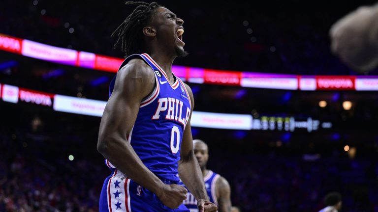 Philadelphia 76ers' Tyrese Maxey reacts after a basket in the second half during Game 2 in the first round of the NBA basketball playoffs against the Brooklyn Nets, Monday, April 17, 2023, in Philadelphia. (Derik Hamilton/AP)