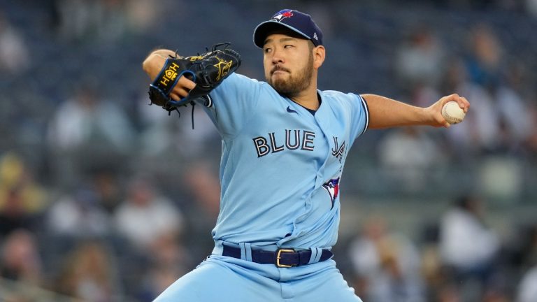 Toronto Blue Jays starting pitcher Yusei Kikuchi throws during the first inning of the team's baseball game against the New York Yankees at Yankee Stadium, Friday, April 21, 2023, in New York. (Seth Wenig/AP)