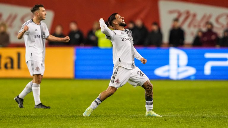 Toronto FC forward Lorenzo Insigne (24) celebrates after defeating New York City FC in MLS soccer action in Toronto, on Saturday, April 29, 2023. (Andrew Lahodynskyj/CP)