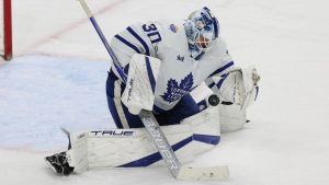 Toronto Maple Leafs goaltender Matt Murray (30) stops the puck during the third period of an NHL hockey game against the Minnesota Wild, Friday, Nov. 25, 2022, in St. Paul, Minn. Toronto won 4-3. (Stacy Bengs/AP)