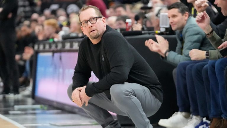 Former Toronto Raptors head coach Nick Nurse looks at the scoreboard during the second half of an NBA basketball game against the Utah Jazz Wednesday, Feb. 1, 2023, in Salt Lake City. (Rick Bowmer/AP)