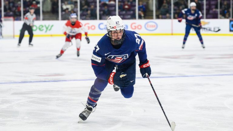 USA forward Taylor Heise skates towards the puck during third period IIHF Women's World Hockey Championship hockey action against Czechia in Brampton, Ont., on Sunday, April 9, 2023. (Christopher Katsarov/CP Photo)