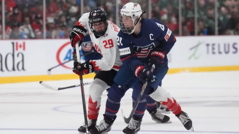 USA forward Hilary Knight (21) and Canada forward Marie-Philip Poulin (29) battle during second period IHF Women's World Hockey Championship gold metal hockey action in Brampton, Ont., on Sunday, April 16, 2023. (Nathan Denette/CP)