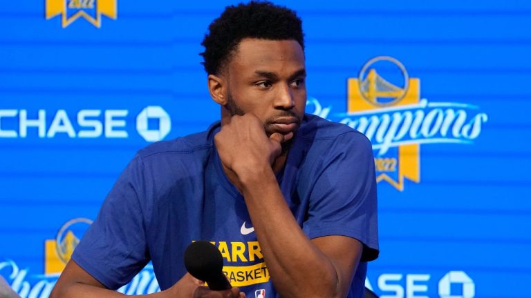 Golden State Warriors forward Andrew Wiggins takes part in a news conference before an NBA basketball game between the Warriors and the Oklahoma City Thunder in San Francisco, Tuesday, April 4, 2023. (Jeff Chiu/AP Photo)