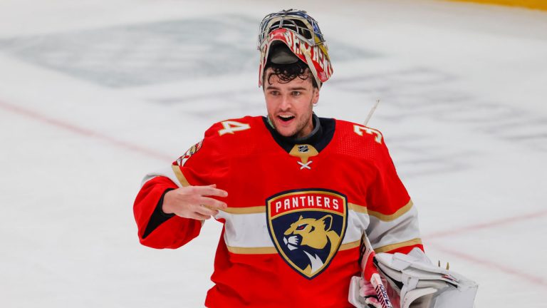 Florida Panthers goaltender Alex Lyon (34) takes a rest during a timeout in the third period of an NHL hockey game against the Ottawa Senators. (Reinhold Matay/AP)