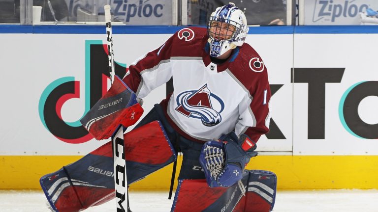 Jett Alexander (1) of the Colorado Avalanche stretches during the warm-up prior to action against the Toronto Maple Leafs in an NHL game at Scotiabank Arena on December 1, 2021 in Toronto. The Maple Leafs defeated the Avalanche 8-3. (Claus Andersen/Getty Images)