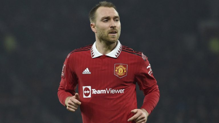 FILE - Manchester United's Christian Eriksen in action during the English FA Cup 4th round soccer match between Manchester United and Reading at Old Trafford in Manchester, England, Jan. 28, 2023. Manchester United midfielder Christian Eriksen has recovered from an ankle injury ahead of schedule in a boost to the Premier League club’s hopes for a top-four finish. (Rui Vieira/AP)