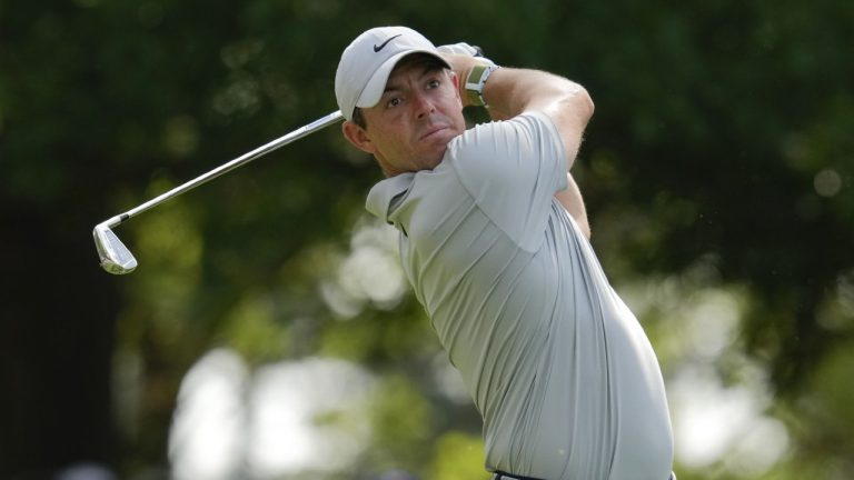 Rory McIlroy, of Northern Ireland, watches his tee shot on the fourth hole during the second round of the Masters golf tournament at Augusta National Golf Club on Friday, April 7, 2023, in Augusta, Ga. (Mark Baker/AP)