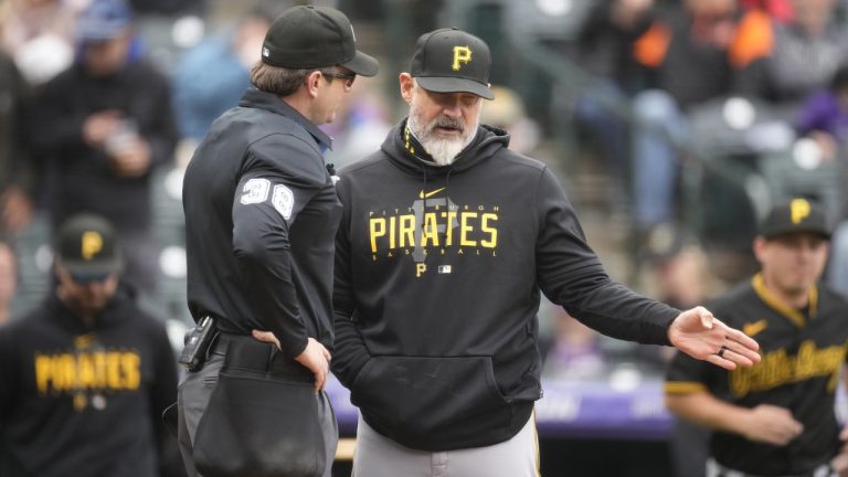 Pittsburgh Pirates manager Derek Shelton, righ, argues with home plate umpire Adam Beck after he ejected Bryan Reynolds for arguing a called third strike in the fifth inning of a baseball game against the Colorado Rockies Wednesday, April 19, 2023, in Denver. (David Zalubowski/AP)