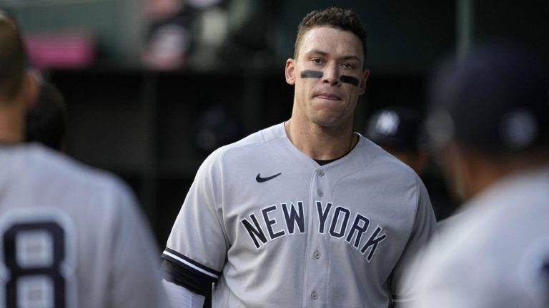 New York Yankees' Aaron Judge walks through the dugout during the first inning of the team's baseball game against the Texas Rangers, Thursday, April 27, 2023, in Arlington, Texas. (Tony Gutierrez/AP)