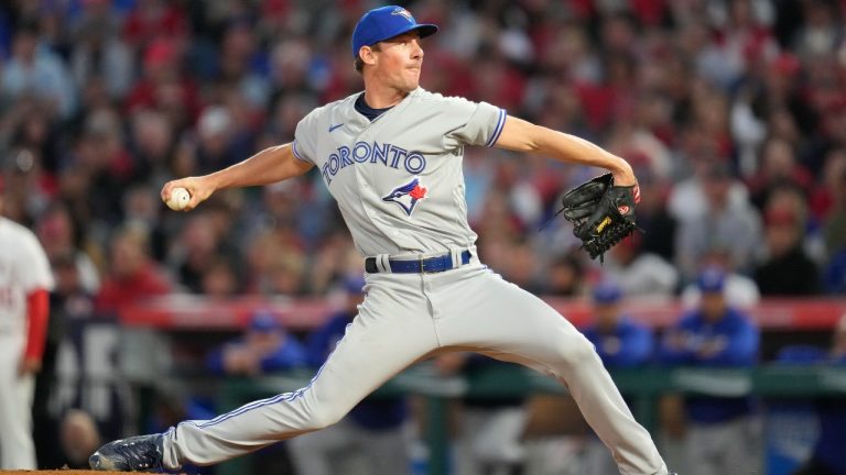 Toronto Blue Jays starter Chris Bassitt pitches during the first inning of a baseball game in Anaheim, Calif., Friday, April 7, 2023. (Ashley Landis/AP Photo)