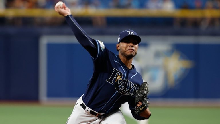 Tampa Bay Rays starting pitcher Taj Bradley throws to a Houston Astros batter during the first inning of a baseball game Monday, April 24, 2023, in St. Petersburg, Fla. (Scott Audette/AP)