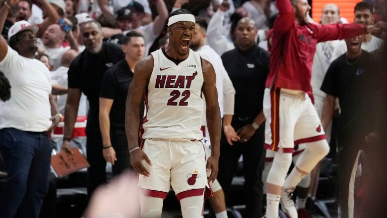 Miami Heat forward Jimmy Butler (22) celebrates after scoring during the second half of Game 4 in a first-round NBA basketball playoff series against the Milwaukee Bucks, Monday, April 24, 2023, in Miami. The Heat defeated the Bucks 119-114. Jimmy Buttler scored 56 points. (Marta Lavandier/AP)