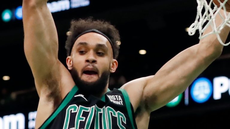 Boston Celtics' Derrick White scores during the first half of the team's NBA basketball game against the Toronto Raptors, Friday, April 7, 2023, in Boston. (Michael Dwyer/AP Photo)