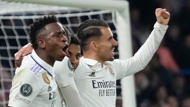 Real Madrid's Rodrygo, second from right, celebrates with teammates after scoring his side's second goal during the Champions League quarterfinal second leg soccer match between Chelsea and Real Madrid at Stamford Bridge stadium in London, Tuesday, April 18, 2023. (Kirsty Wigglesworth/AP Photo)