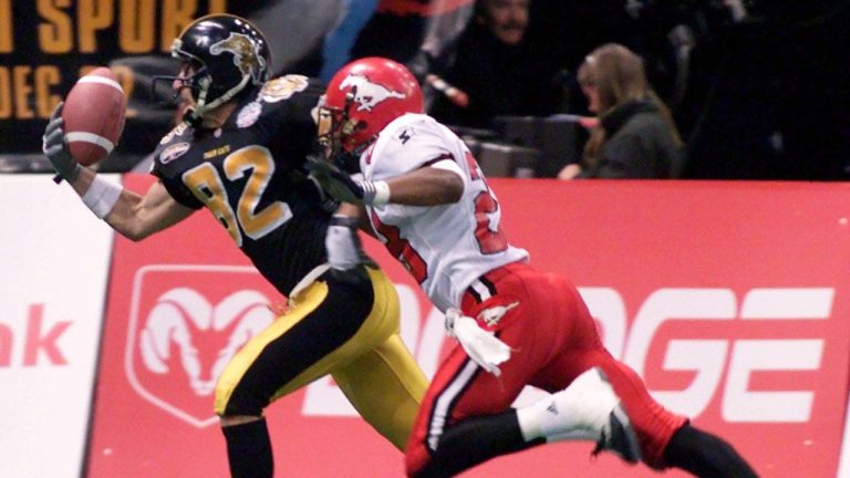 Darren Flutie of the Hamilton Tiger-Cats reels in a pass one-handed for a touchdown as he is chased by Shadwick Criss of the Calgary Stampeders during second quarter action at the Grey Cup in Vancouver. (Ryan Remiorz/THE CANADIAN PRESS)
