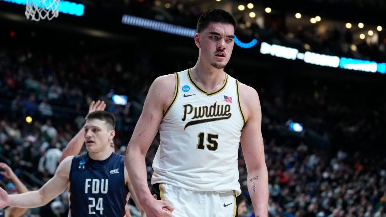 Purdue centre Zach Edey (15) reacts after being fouled by Fairleigh Dickinson in the second half of a first-round college basketball game in the men's NCAA Tournament in Columbus, Ohio, Friday, March 17, 2023. (AP Photo)