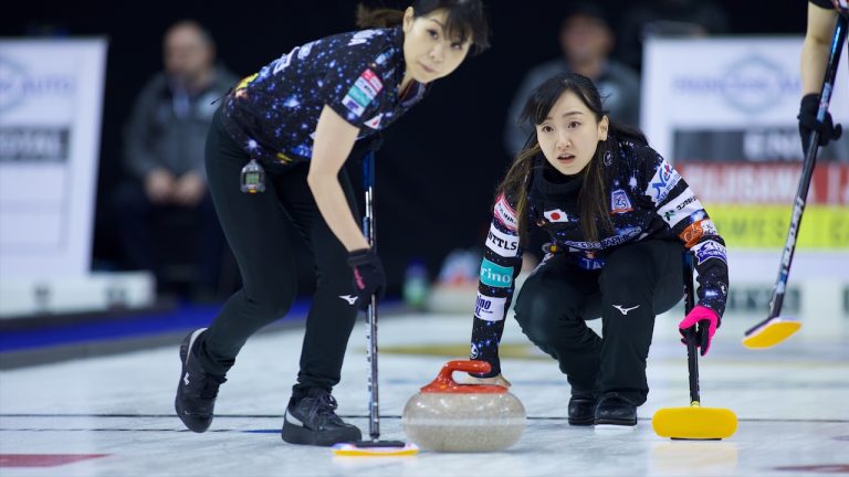 Lead Yurika Yoshida (left) sweeps a stone for skip Satsuki Fujisawa (right) during the 10th draw of the Princess Auto Players' Championship on Thursday, April 13, 2023, in Toronto. (Anil Mungal/GSOC)