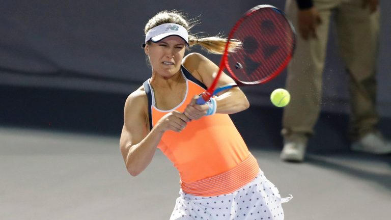 Canada's Eugenie Bouchard hits a return to Sara Sorribes Tormo, of Spain, during the women's final in the Abierto of Zapopan tennis tournament in Zapopan, Mexico, Saturday, March 13, 2021. (CP)