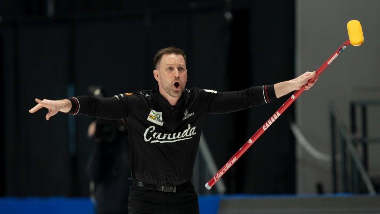 Canadian skip Brad Gushue reacts as his second shot enters the house in the eighth end during semi-final action against Team Switzerland at the Men's World Curling Championship, Saturday, April 8, 2023 in Ottawa. (Adrian Wyld/THE CANADIAN PRESS)