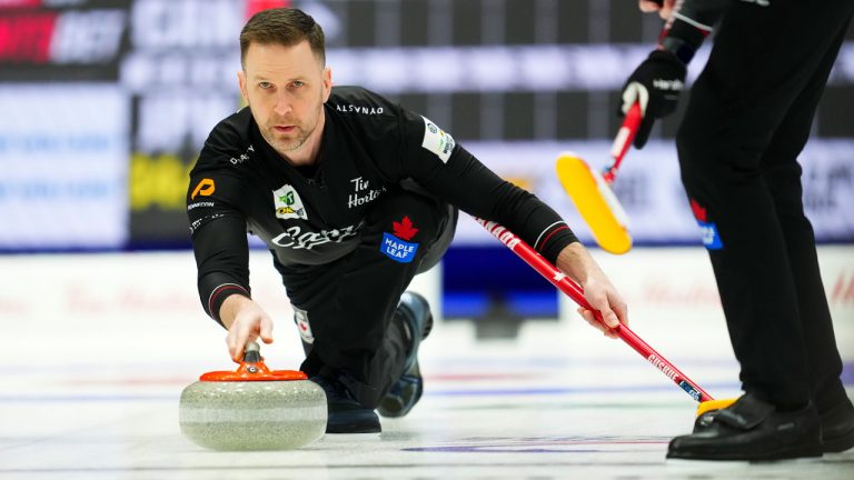 Canadian skip Brad Gushue plays Japan at the Men's World Curling Championship. (Sean Kilpatrick/THE CANADIAN PRESS)