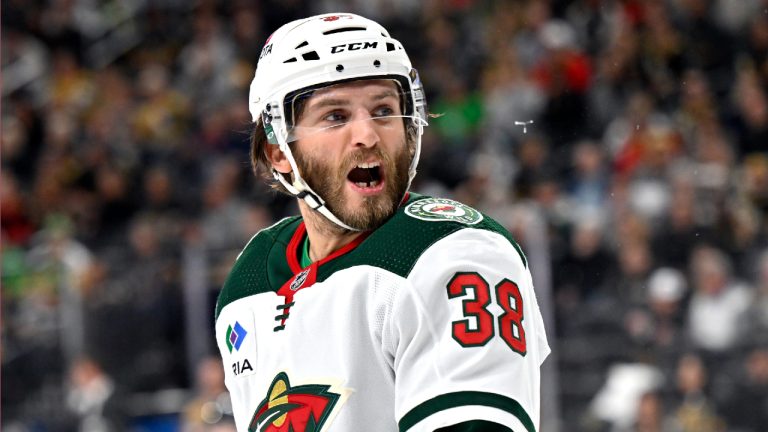 Minnesota Wild right wing Ryan Hartman (38) reacts after a penalty was assessed against him during the second period of an NHL hockey game against the Vegas Golden Knights, Saturday, April 1, 2023, in Las Vegas. (David Becker/AP)