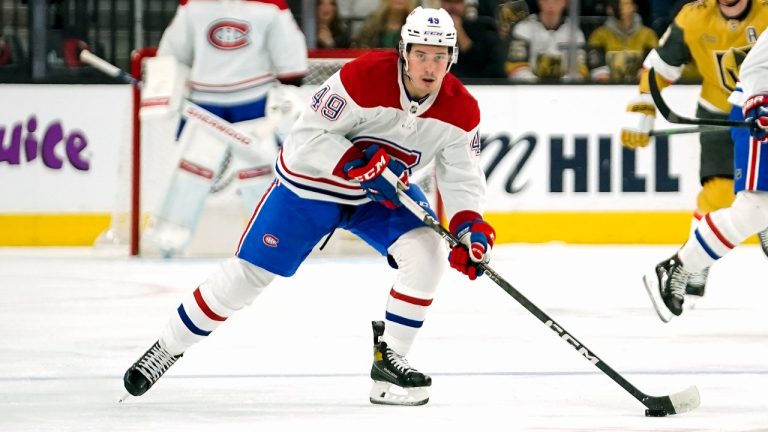 Montreal Canadiens left wing Rafael Harvey-Pinard (49) skates with the puck during the first period of an NHL hockey game against the Vegas Golden Knights, Sunday, March 5, 2023, in Las Vegas. (Lucas Peltier/AP)