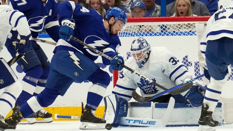 Tampa Bay Lightning left wing Tanner Jeannot (84) looks to shoot on Toronto Maple Leafs goaltender Ilya Samsonov (35) during the first period in Game 4 of an NHL hockey Stanley Cup first-round playoff series Monday, April 24, 2023, in Tampa, Fla. (Chris O'Meara/AP)