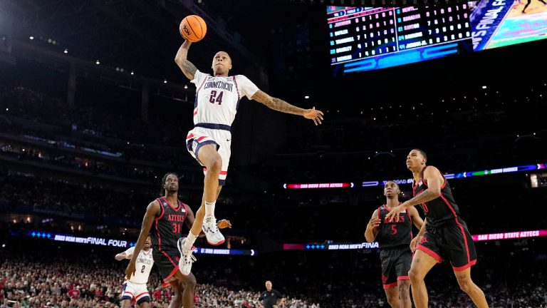 Connecticut guard Jordan Hawkins shoots against San Diego State during the second half of the men's national championship college basketball game in the NCAA Tournament on Monday, April 3, 2023, in Houston. (David J. Phillip/AP)