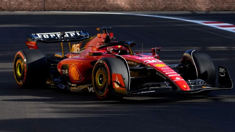 Ferrari driver Charles Leclerc of Monaco steers his car during qualification ahead of the Formula One Grand Prix at the Baku circuit in Baku, Azerbaijan, Friday, April 28, 2023. The Formula One Grand Prix will be held on Sunday April 30, 2023. (Darko Bandic/AP)