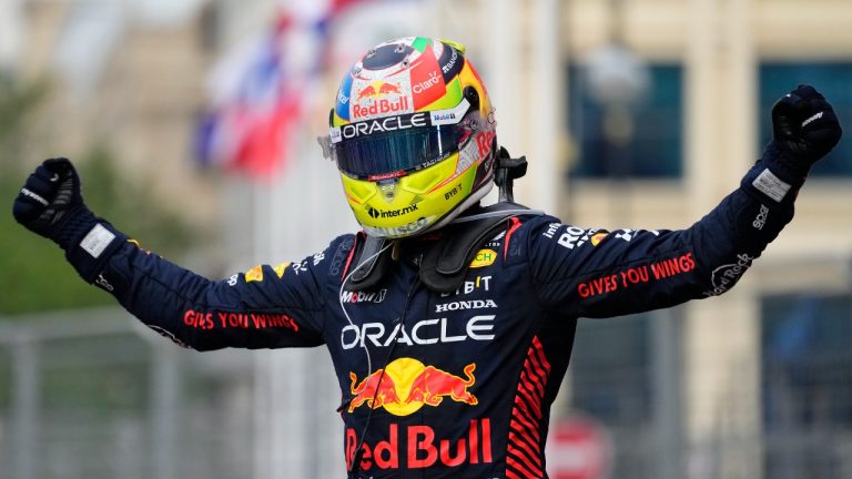 Red Bull driver Sergio Perez of Mexico celebrates after winning the Formula One Grand Prix at the Baku circuit, in Baku, Azerbaijan, Sunday, April 30, 2023. (Darko Bandic/AP)